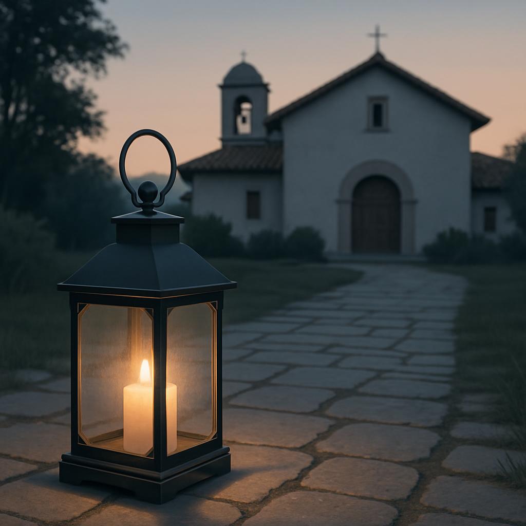 A lit lantern on a stone path leading to a church at dusk