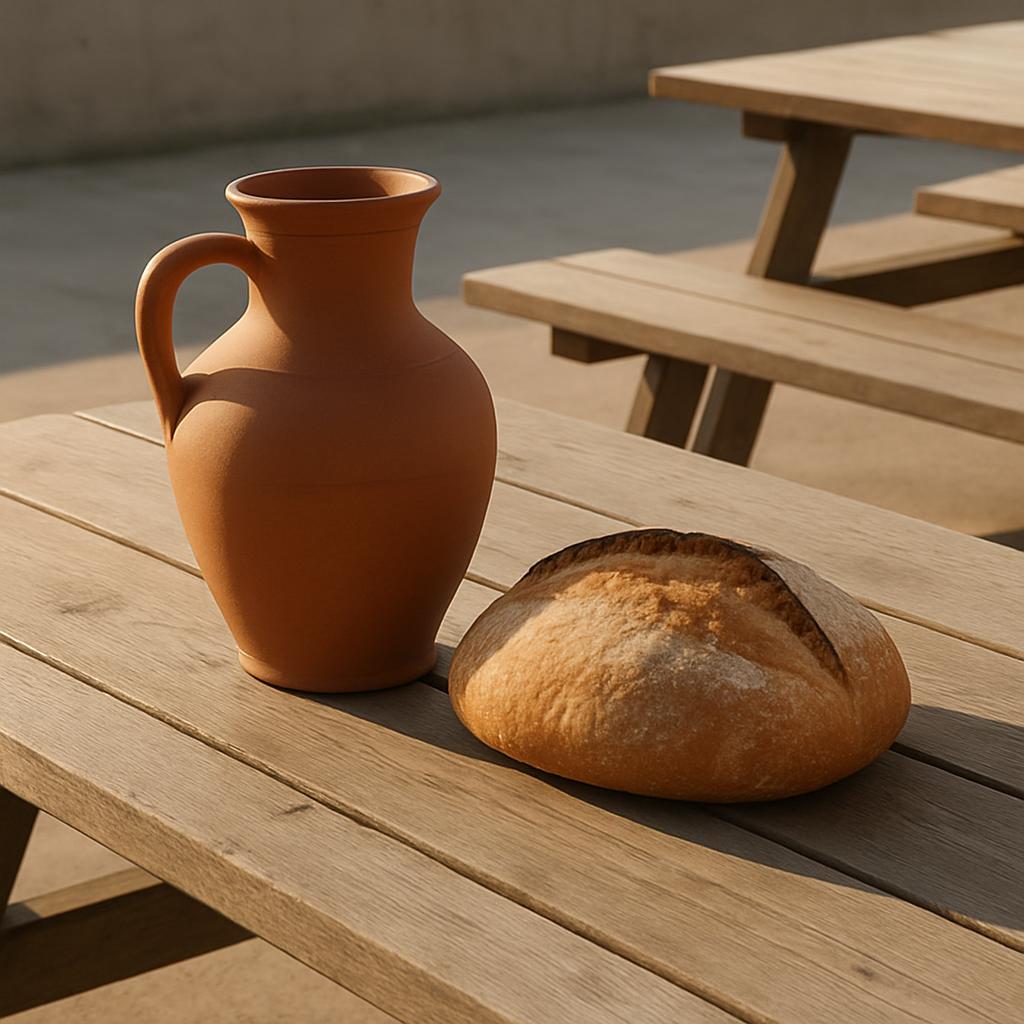 a ceramic jug with a handle lying on a wooden picnic table with a loaf of bread.