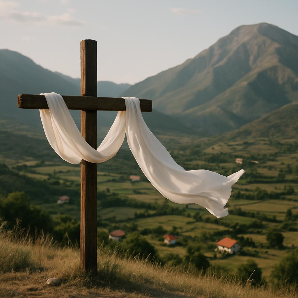 An old wooden cross on a hill with fabric draped across it, with a mountainous landscape in the background.