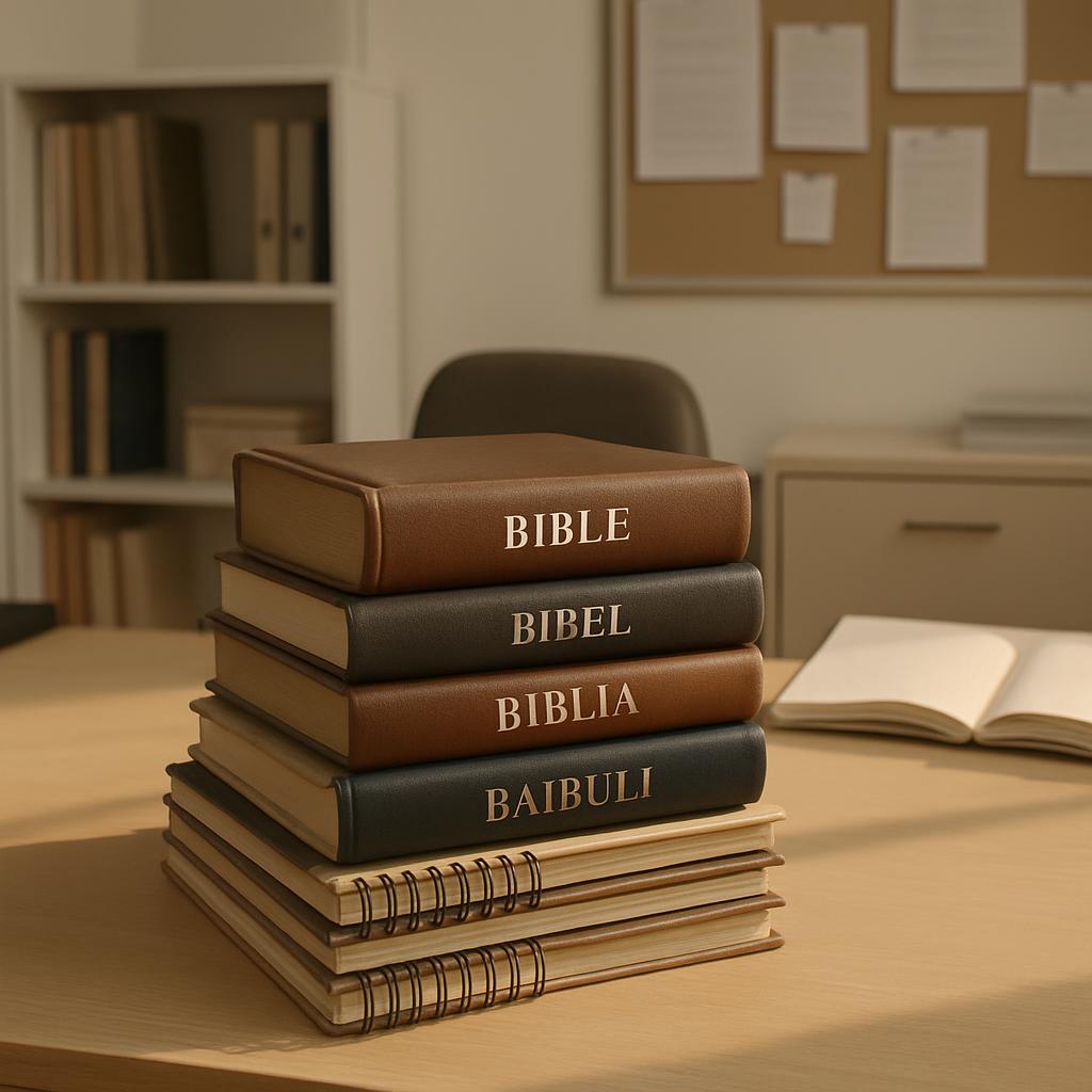 A stack of four leather-bound books with gold text, languages include: "Bible" in English; "Bibel" in German; and "Biblia"...
