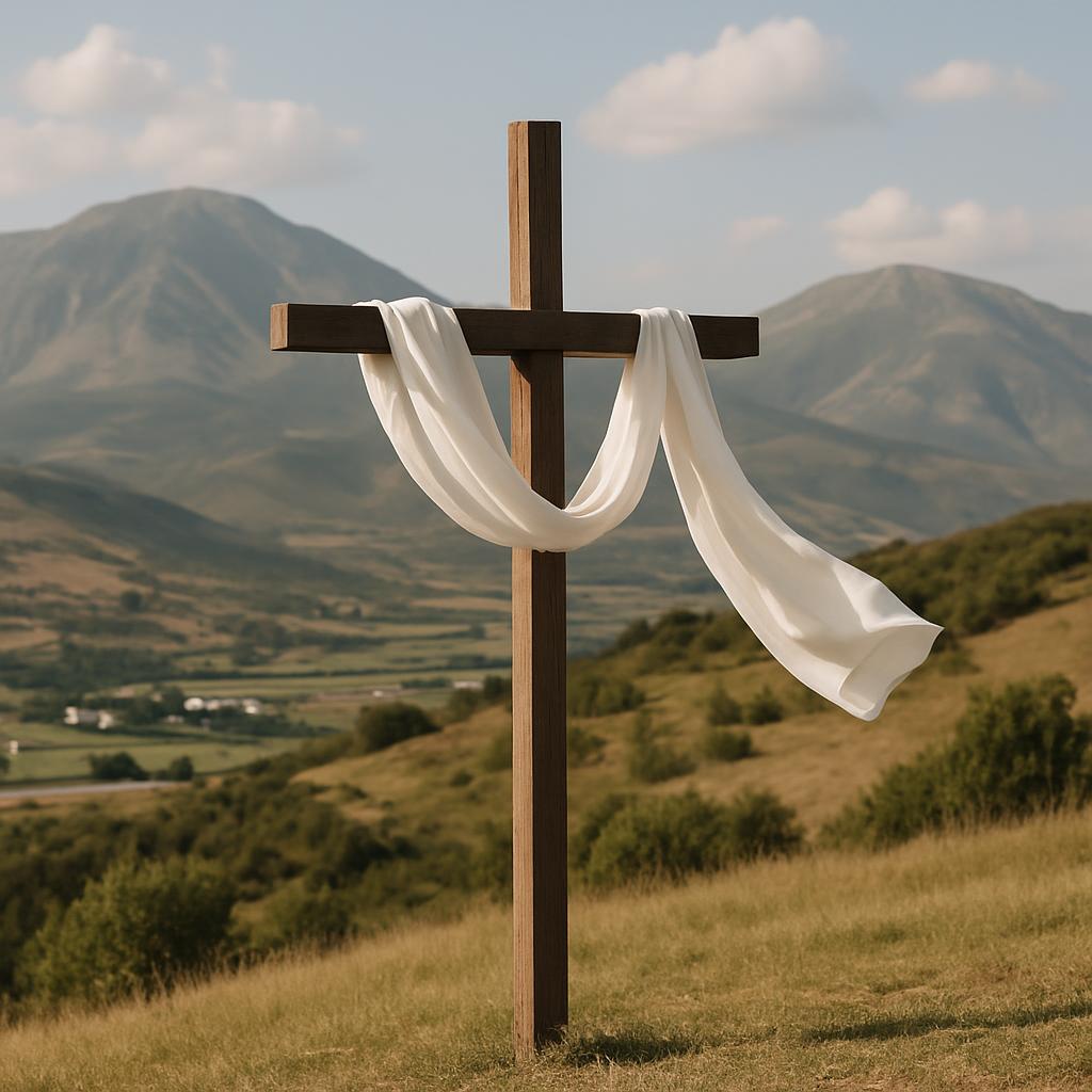 Cross with cloth, mountains in distance.