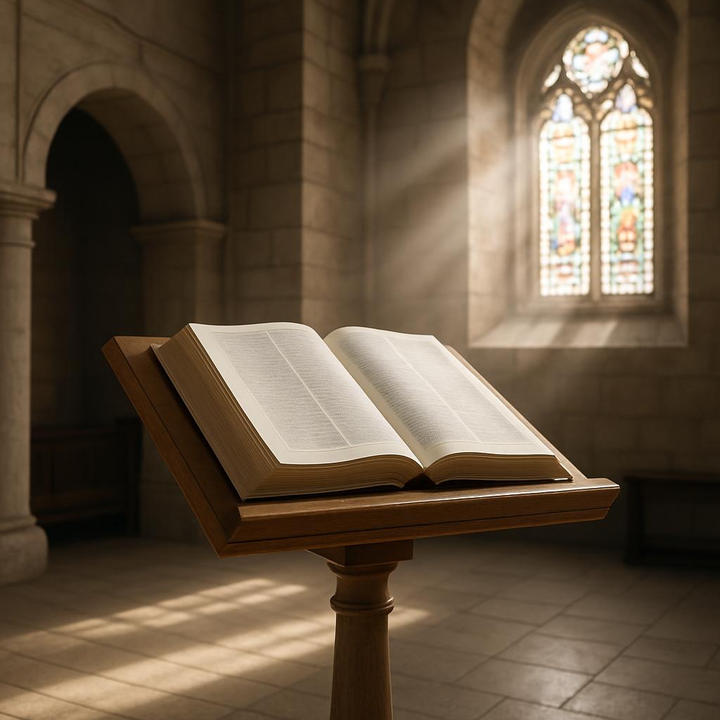 An open wooden book stand in an archaeological setting, positioned centrally, with a stained glass window visible in the b...