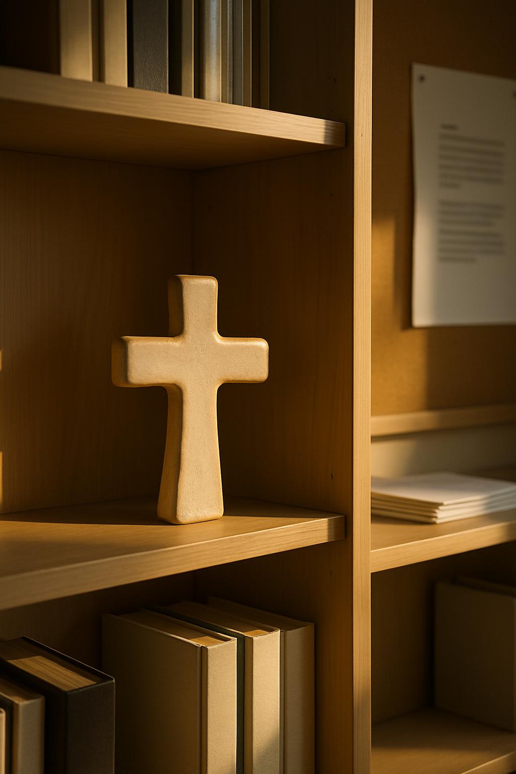 A wooden cross sits atop some light timber shelves among tires of books, the shelves soaring high and shadowed walls of th...