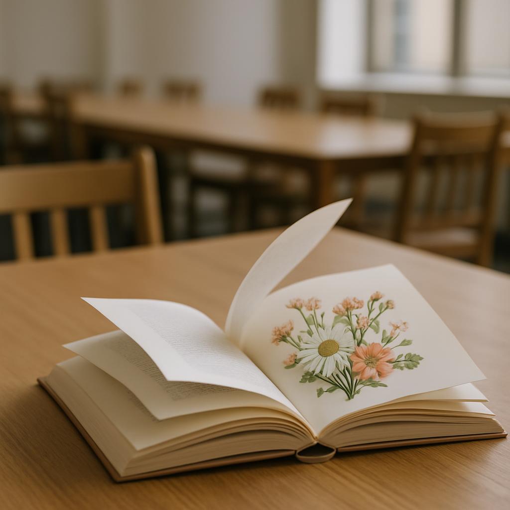 An open book featuring a watercolor painting of daisies with peach and white flowers, sitting on a wooden table in a dimly...