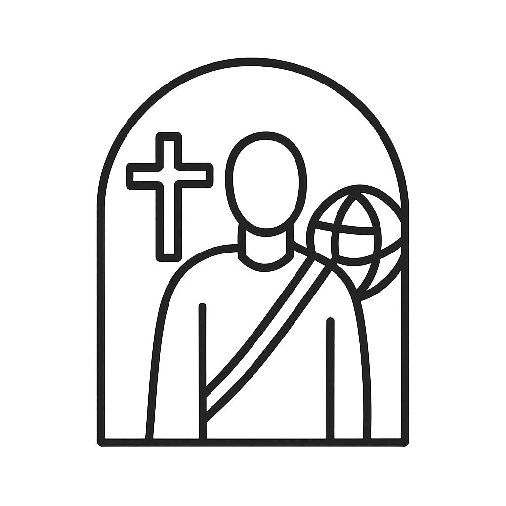 A grayscale illustration of a tombstone with a cross and a person carrying another cross on their back.